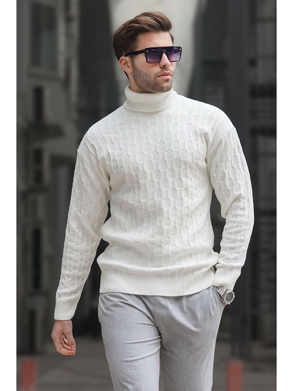 Beyaz Kemik Balıkçı Yaka Desenli Erkek Kazak 6835