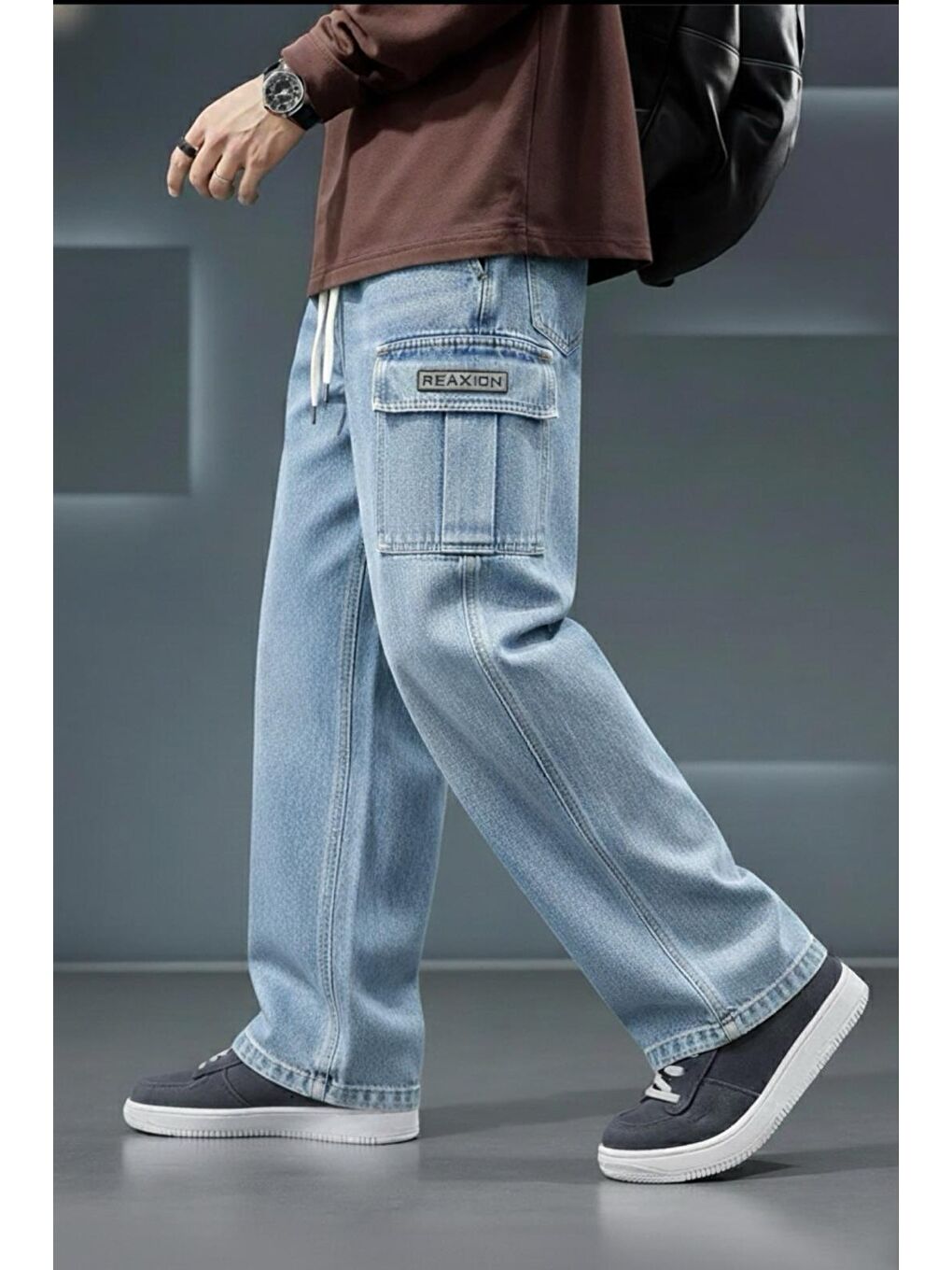 Mavi Reax Luiz Beli Lastikli ve İpli Komando Baggy Fit Jean Kargo Pantolon