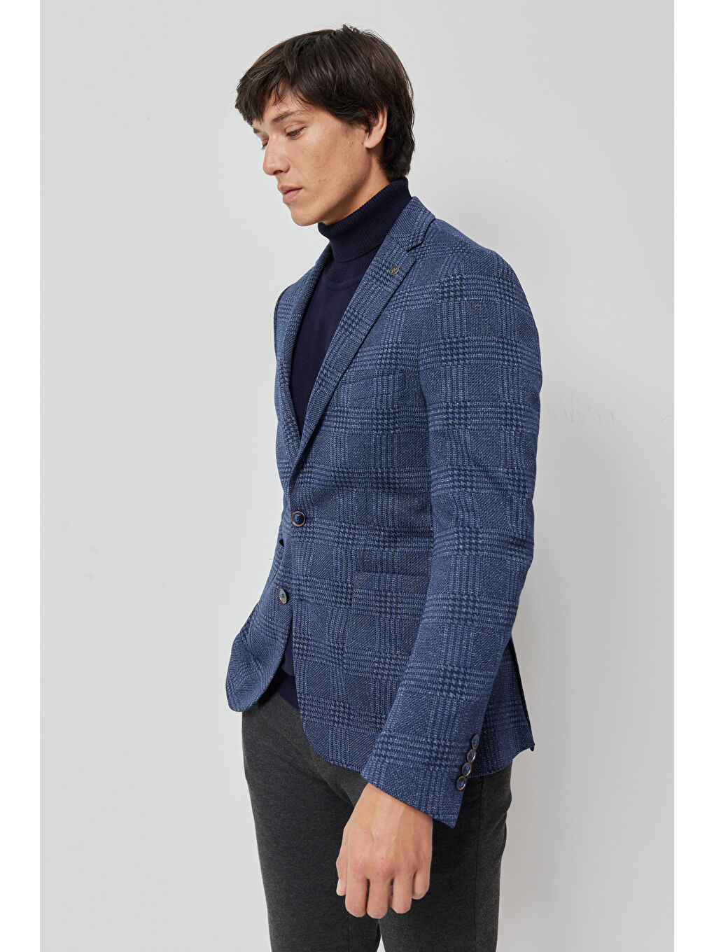 Erkek Lacivert-Beyaz Slim Fit Dar Kesim Mono Yaka Takipli Kareli Ceket-2
