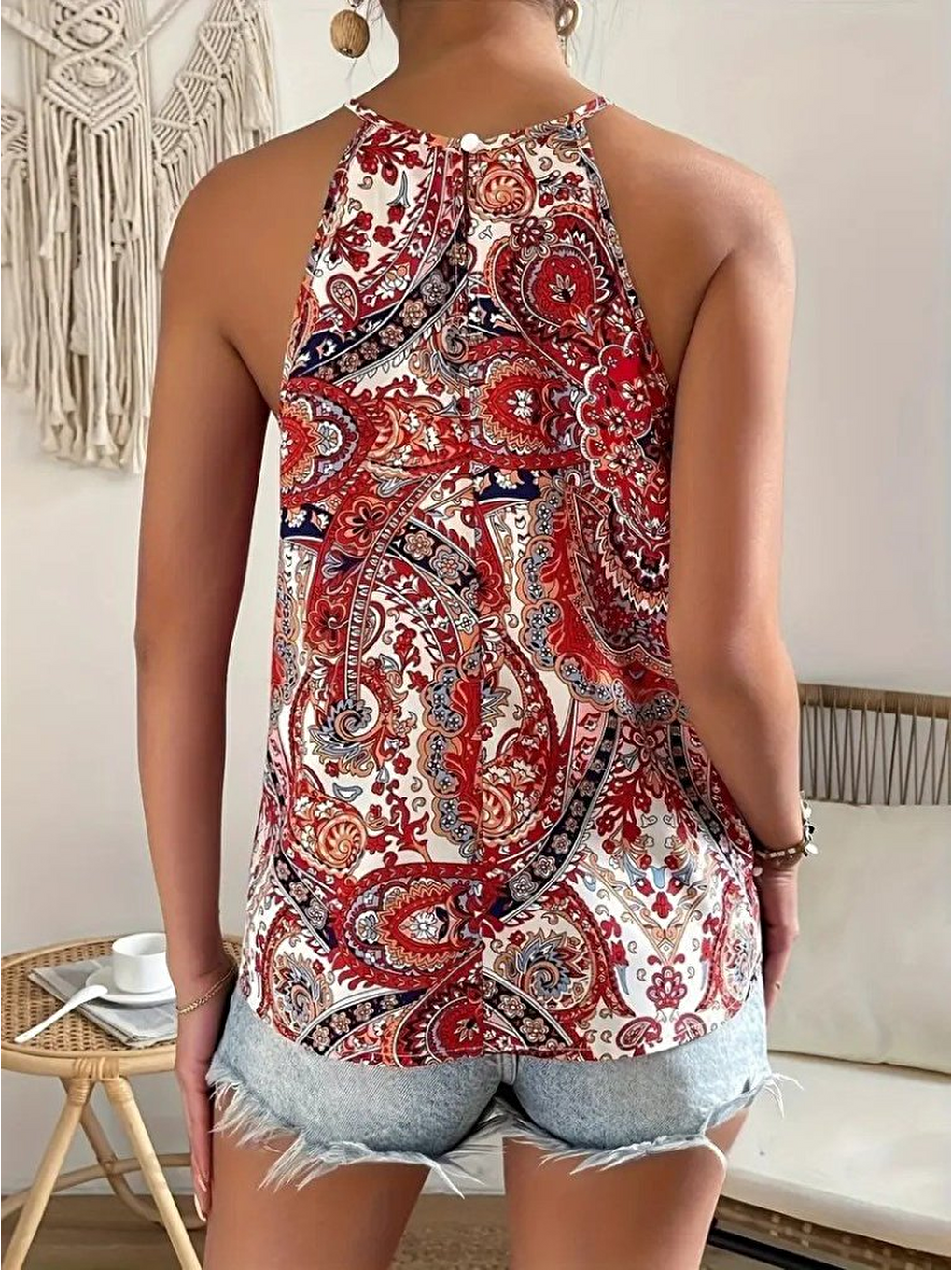 Kırmızı Kadın Halter Kollu Damla Detaylı Desenli Süprem Bluz-3
