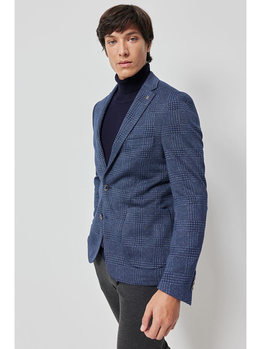 Erkek Lacivert-Beyaz Slim Fit Dar Kesim Mono Yaka Takipli Kareli Ceket-3