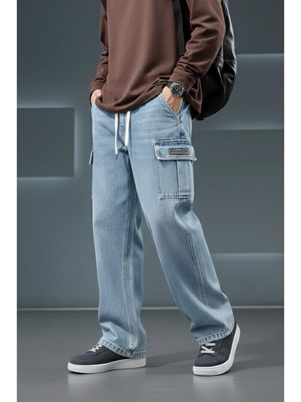 Mavi Reax Luiz Beli Lastikli ve İpli Komando Baggy Fit Jean Kargo Pantolon-1