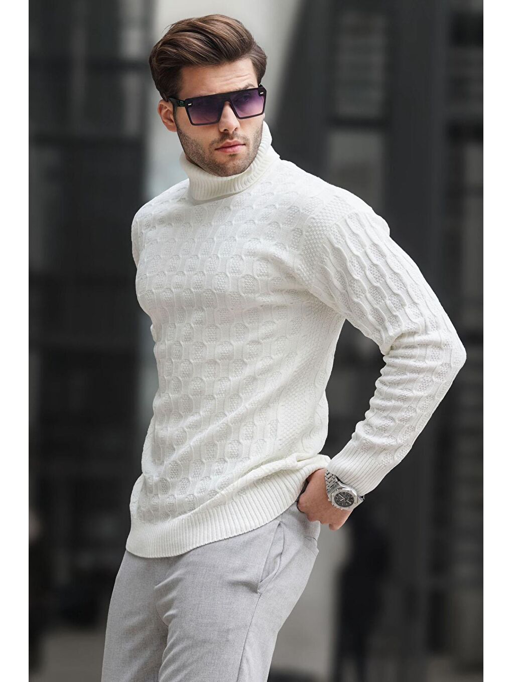 Beyaz Kemik Balıkçı Yaka Desenli Erkek Kazak 6835-1