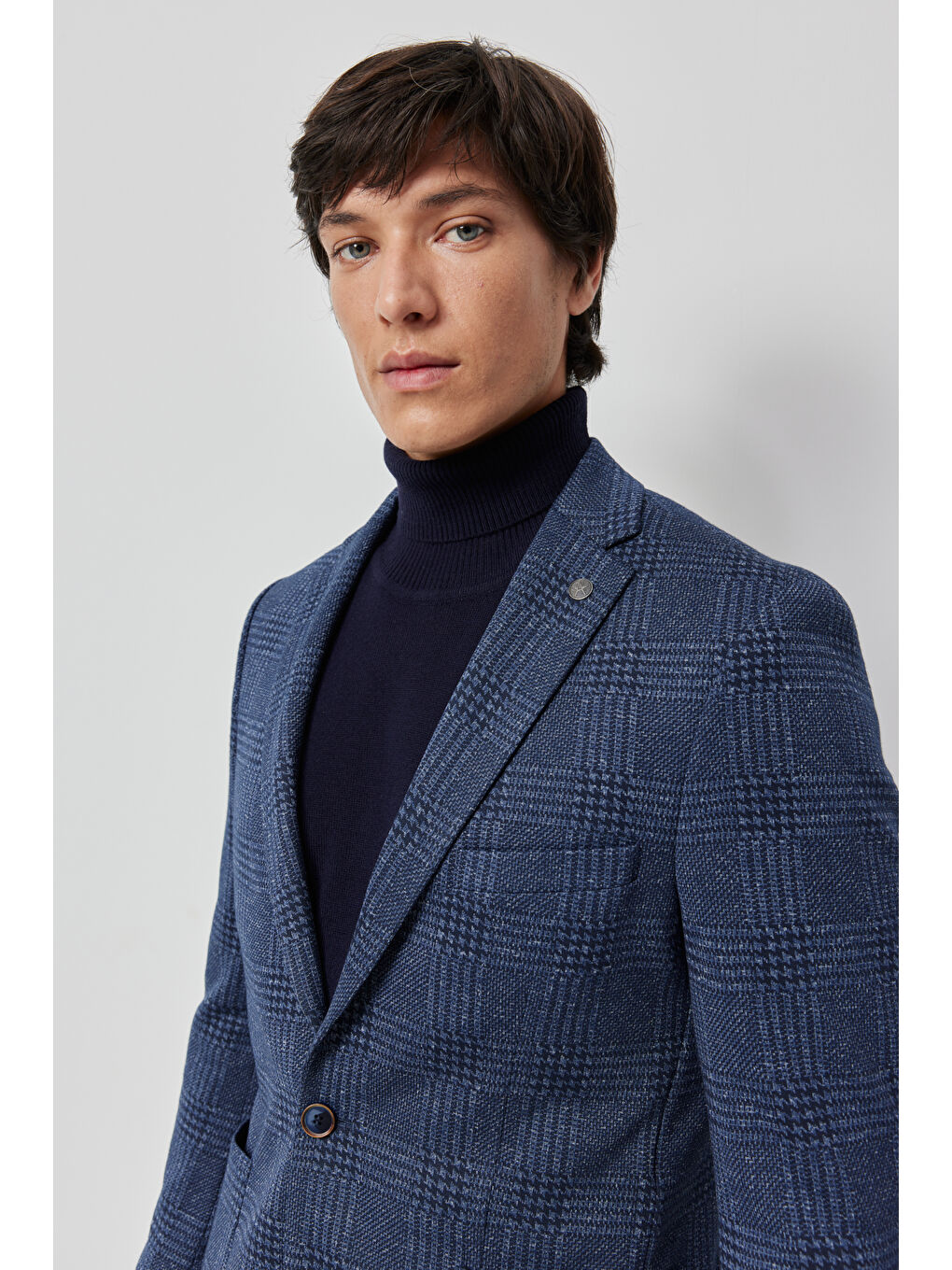 Erkek Lacivert-Beyaz Slim Fit Dar Kesim Mono Yaka Takipli Kareli Ceket-4