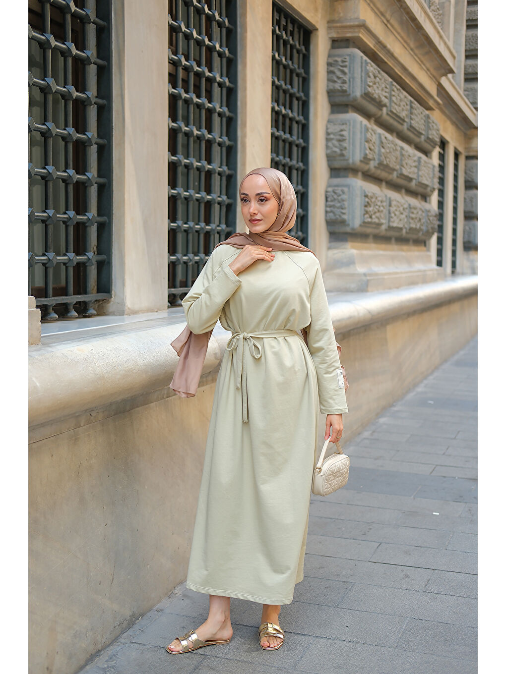 Kadın Kol Arma Detaylı Bisiklet Yaka Elbise Açık Yeşil-1