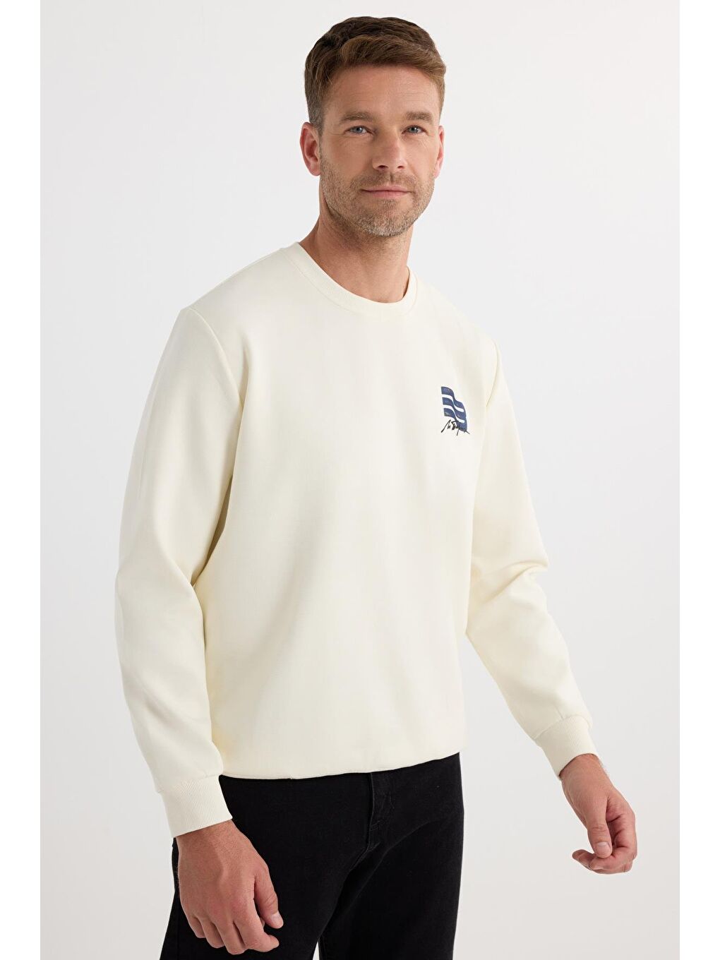 Unisex Relax Fit Rahat Kesim Pamuklu Yumuşak Dokulu Bisklet Yaka İç Polarlı Baskılı Ekru Sweatshirt-4