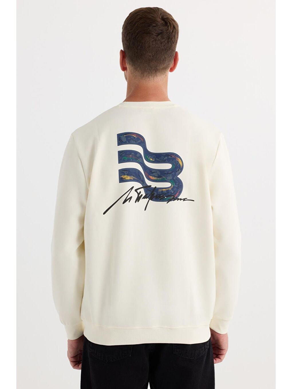 Unisex Relax Fit Rahat Kesim Pamuklu Yumuşak Dokulu Bisklet Yaka İç Polarlı Baskılı Ekru Sweatshirt-6