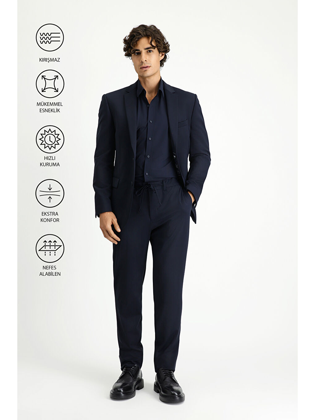 Lacivert Techno-Line Super Slim Fit Ekstra Dar Kesim Beli Lastikli İpli Çantalı Elastanlı Takım Elbise