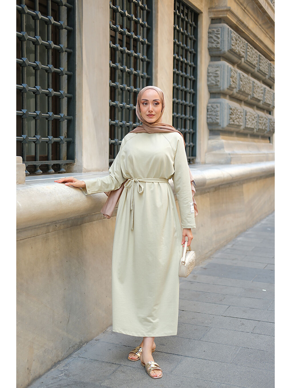 Kadın Kol Arma Detaylı Bisiklet Yaka Elbise Açık Yeşil-2