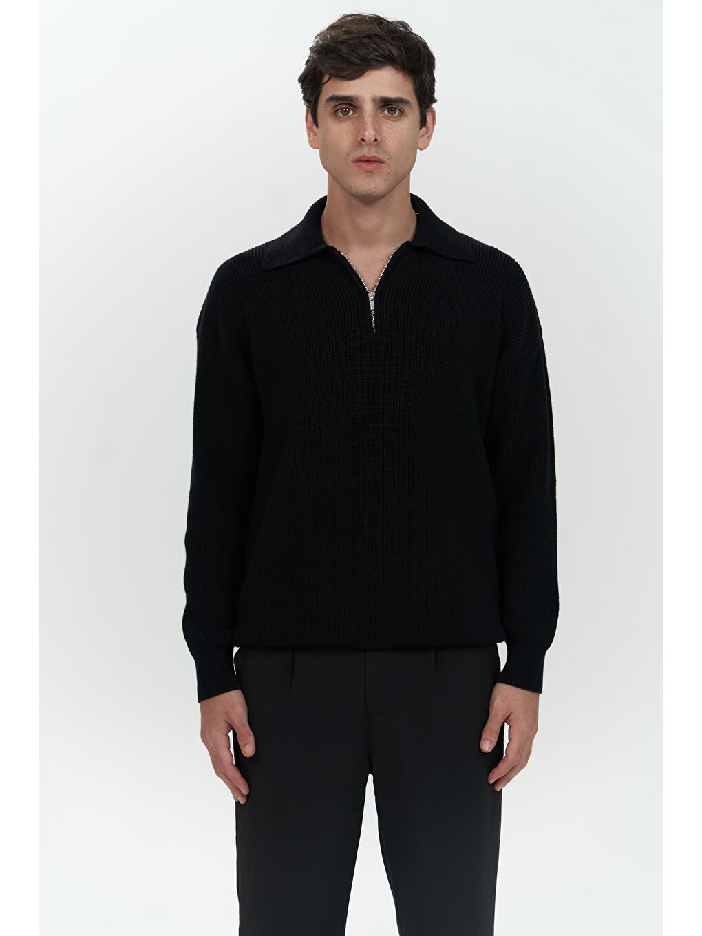 Oberon Polo Yaka Yarım Fermuarlı Siyah Erkek Triko Kazak-1