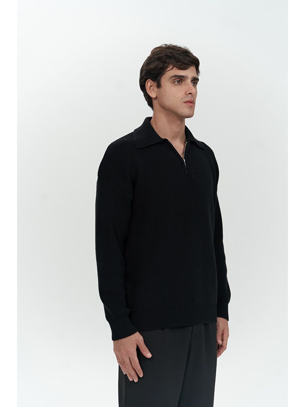 Oberon Polo Yaka Yarım Fermuarlı Siyah Erkek Triko Kazak-2