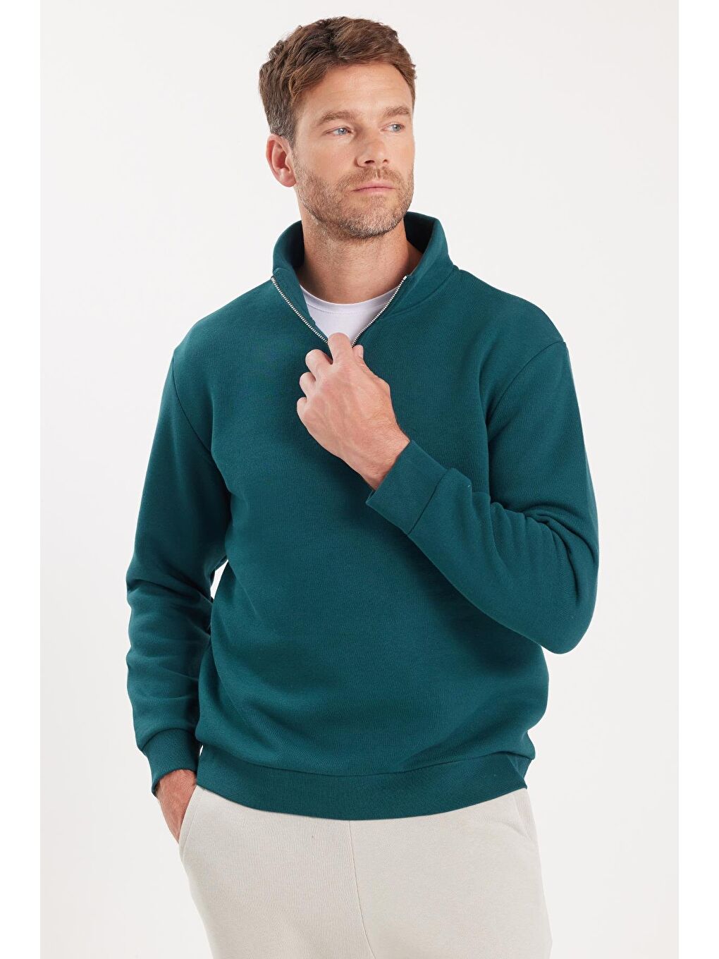 Unisex Relax Fit Rahat Kesim Pamuklu İçi Polarlı Yarım Fermuarlı Yeşil Dik Yaka Sweatshirt-1