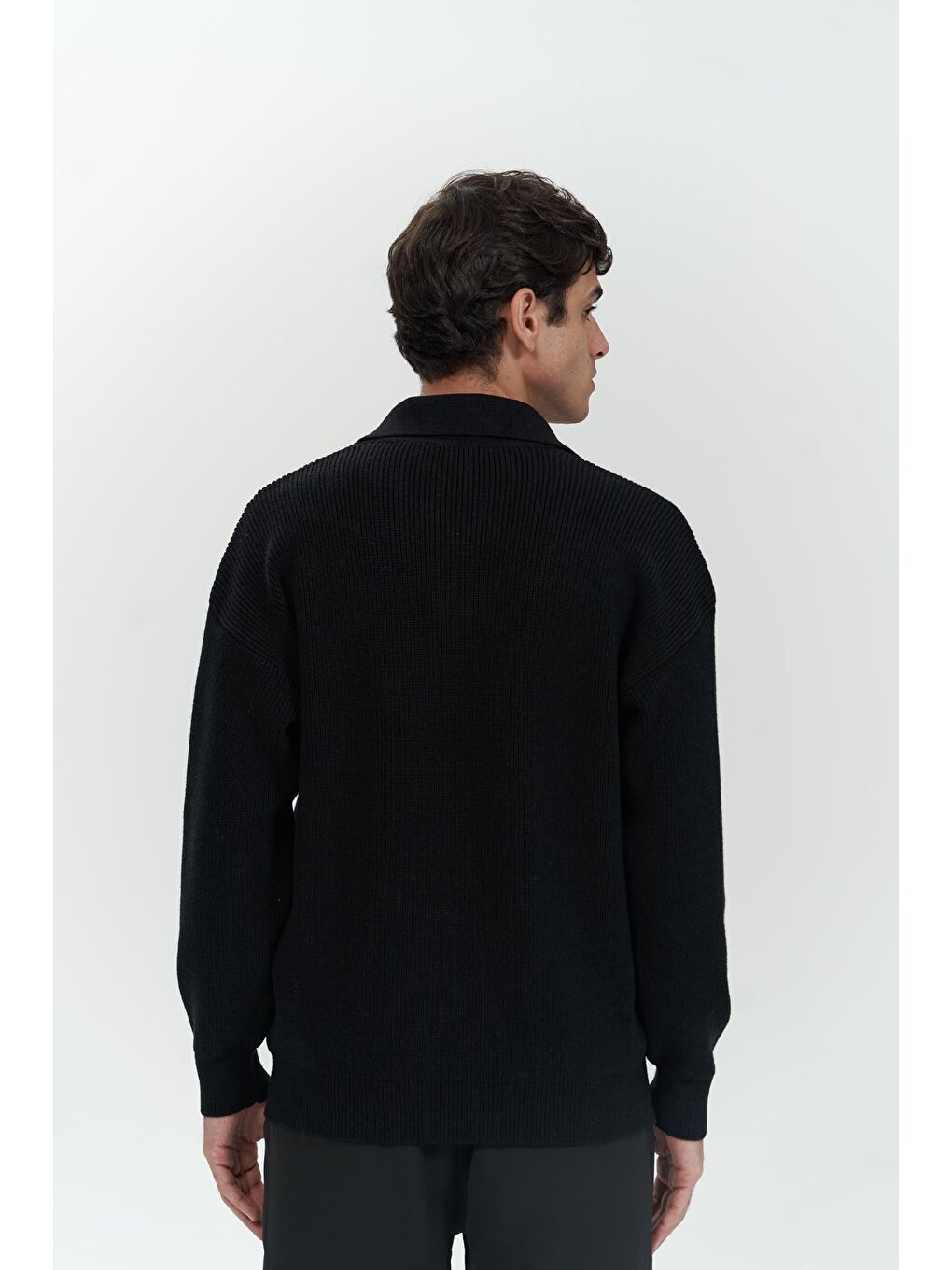 Oberon Polo Yaka Yarım Fermuarlı Siyah Erkek Triko Kazak-3