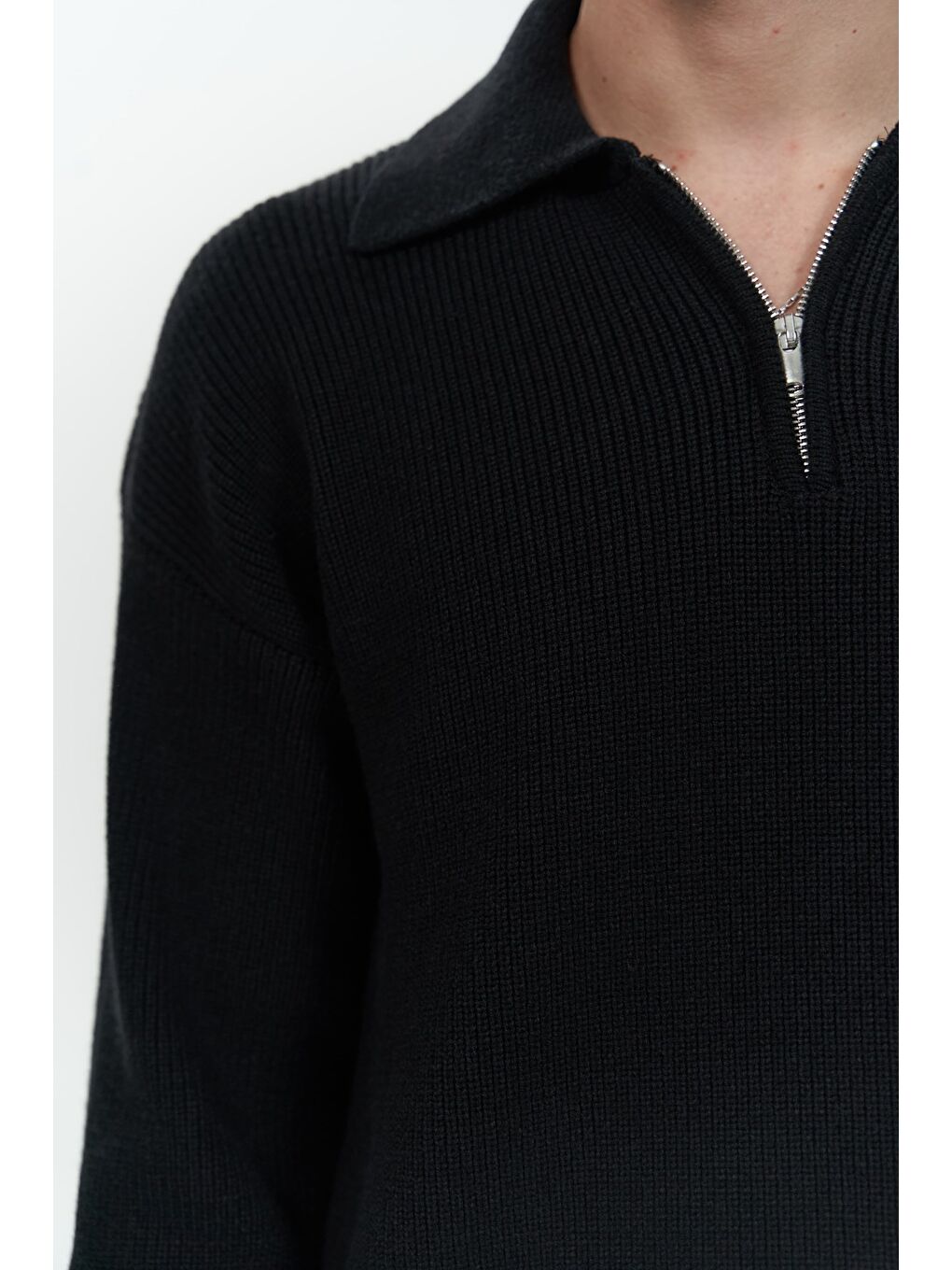 Oberon Polo Yaka Yarım Fermuarlı Siyah Erkek Triko Kazak-4