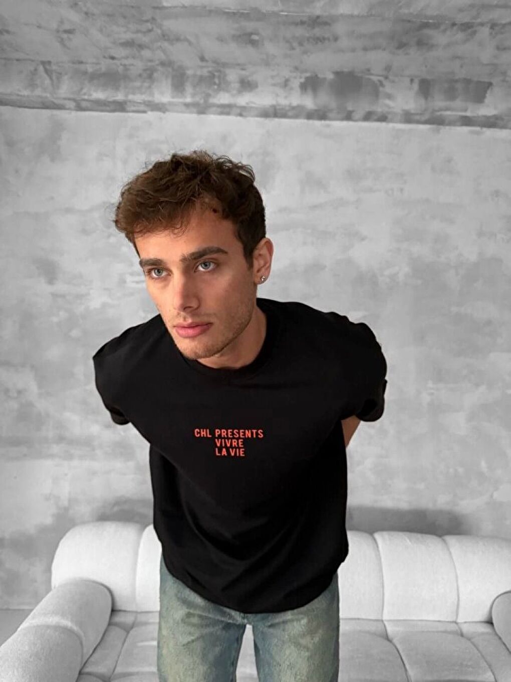 Ön Ve Arka Baskılı Oversize Bisiklet Yaka T-shirt- Siyah-1