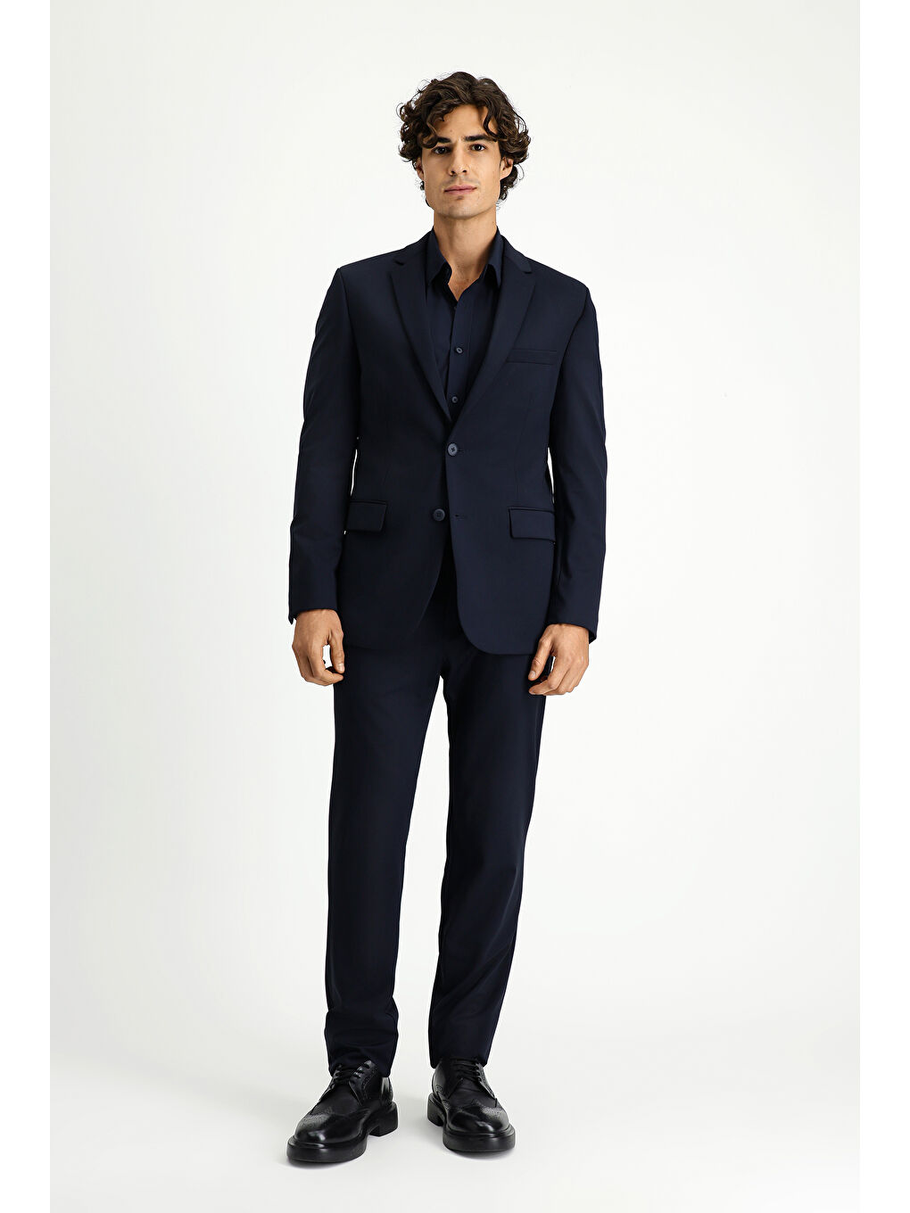 Lacivert Techno-Line Super Slim Fit Ekstra Dar Kesim Beli Lastikli İpli Çantalı Elastanlı Takım Elbise-1