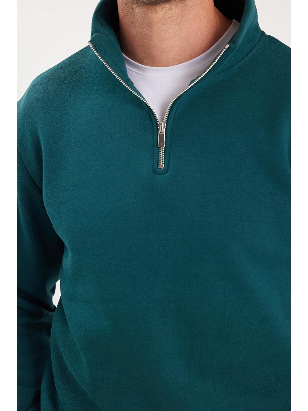 Unisex Relax Fit Rahat Kesim Pamuklu İçi Polarlı Yarım Fermuarlı Yeşil Dik Yaka Sweatshirt-2