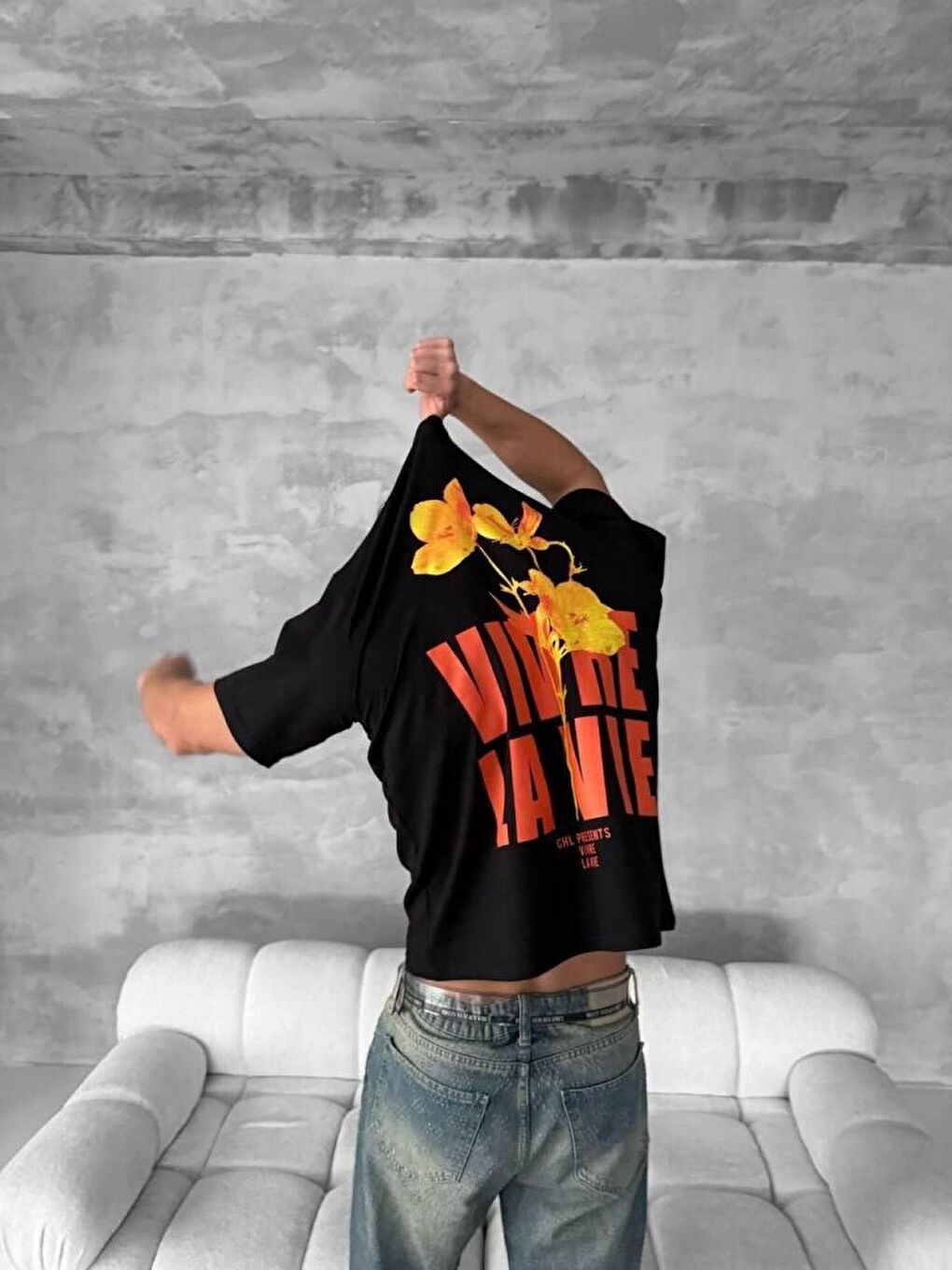 Ön Ve Arka Baskılı Oversize Bisiklet Yaka T-shirt- Siyah-2