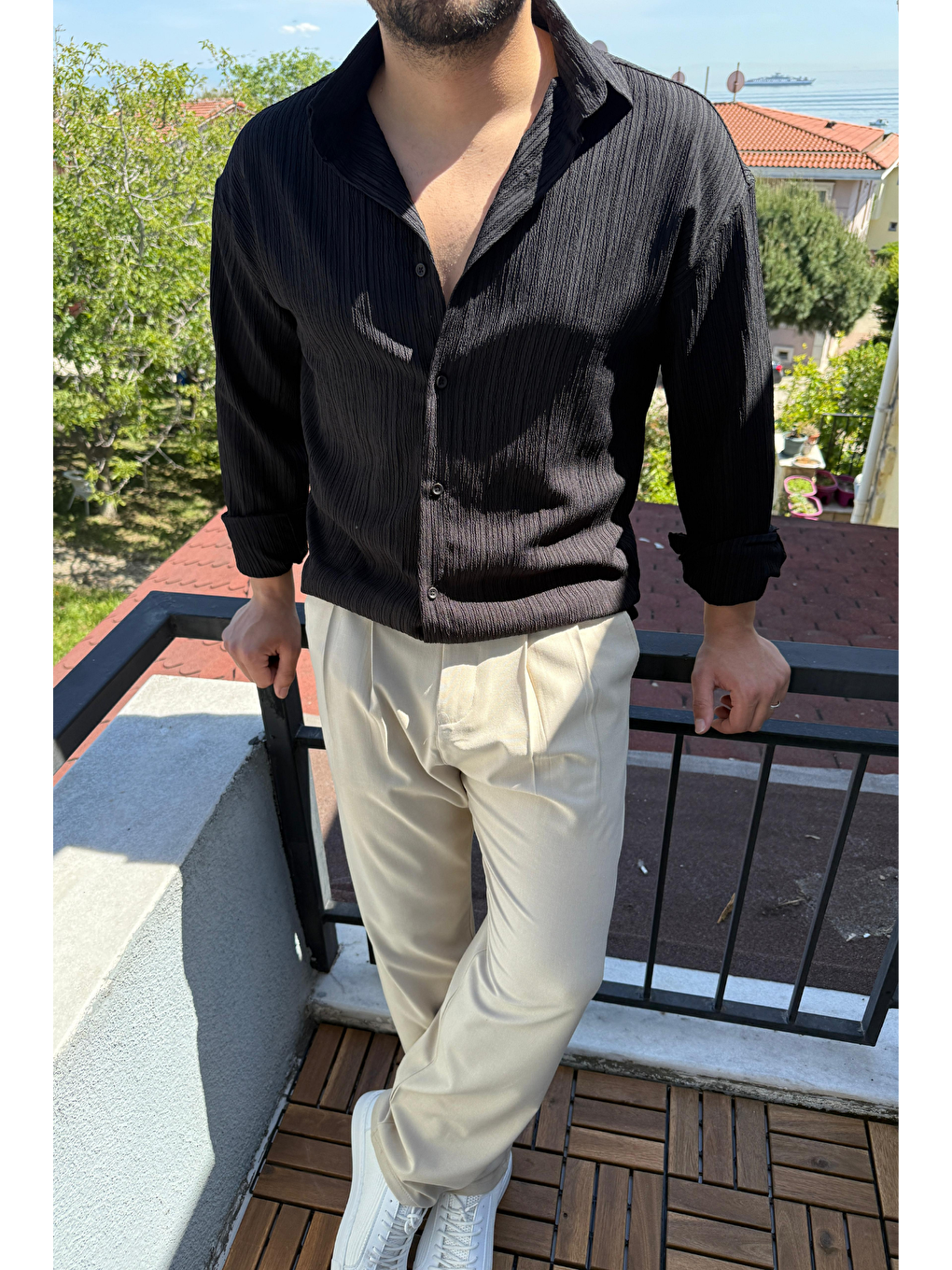 Tam Kalıp Bürümcük Kumaş Gömlek Zümrüt Siyah-1