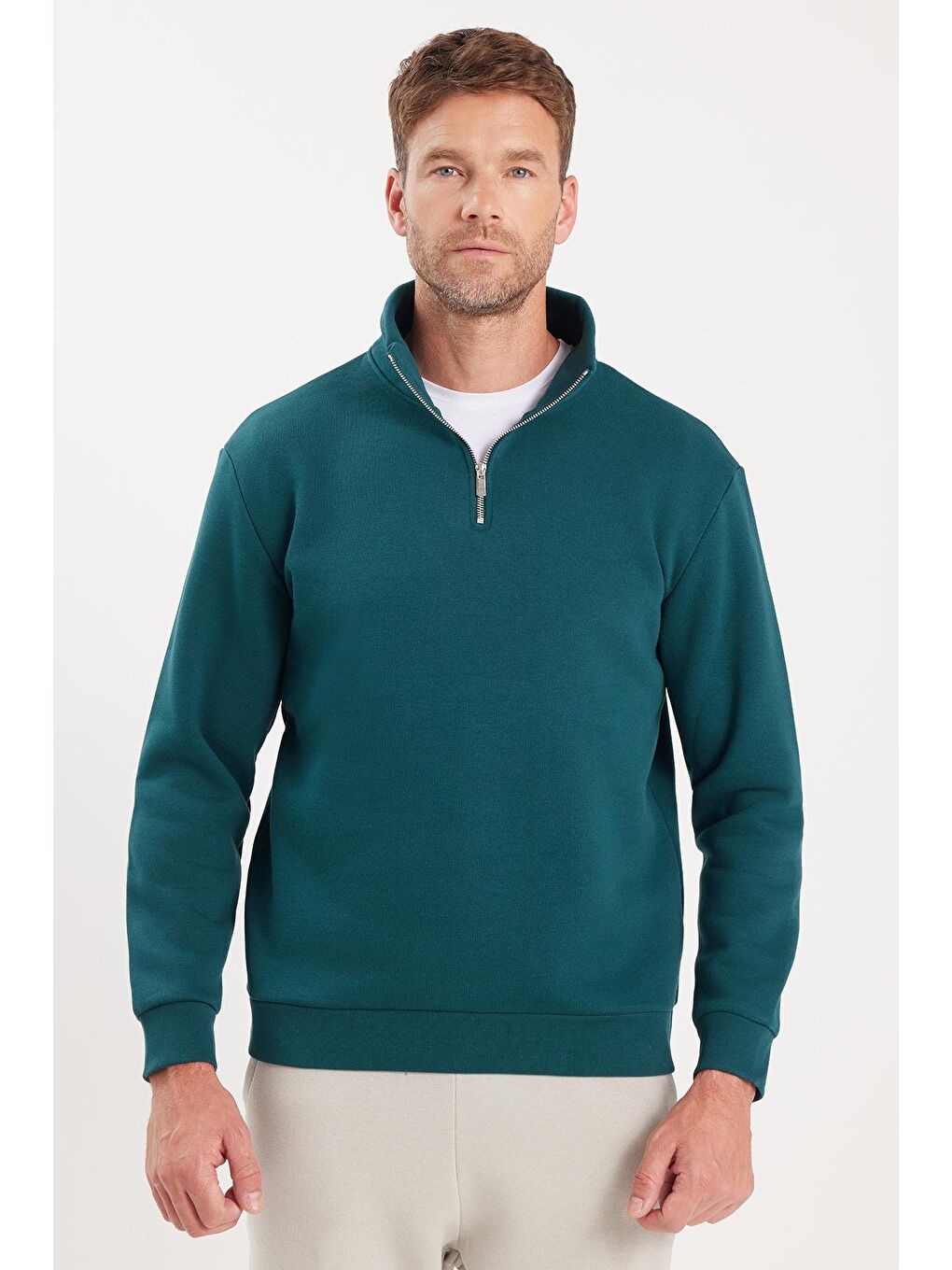 Unisex Relax Fit Rahat Kesim Pamuklu İçi Polarlı Yarım Fermuarlı Yeşil Dik Yaka Sweatshirt-4