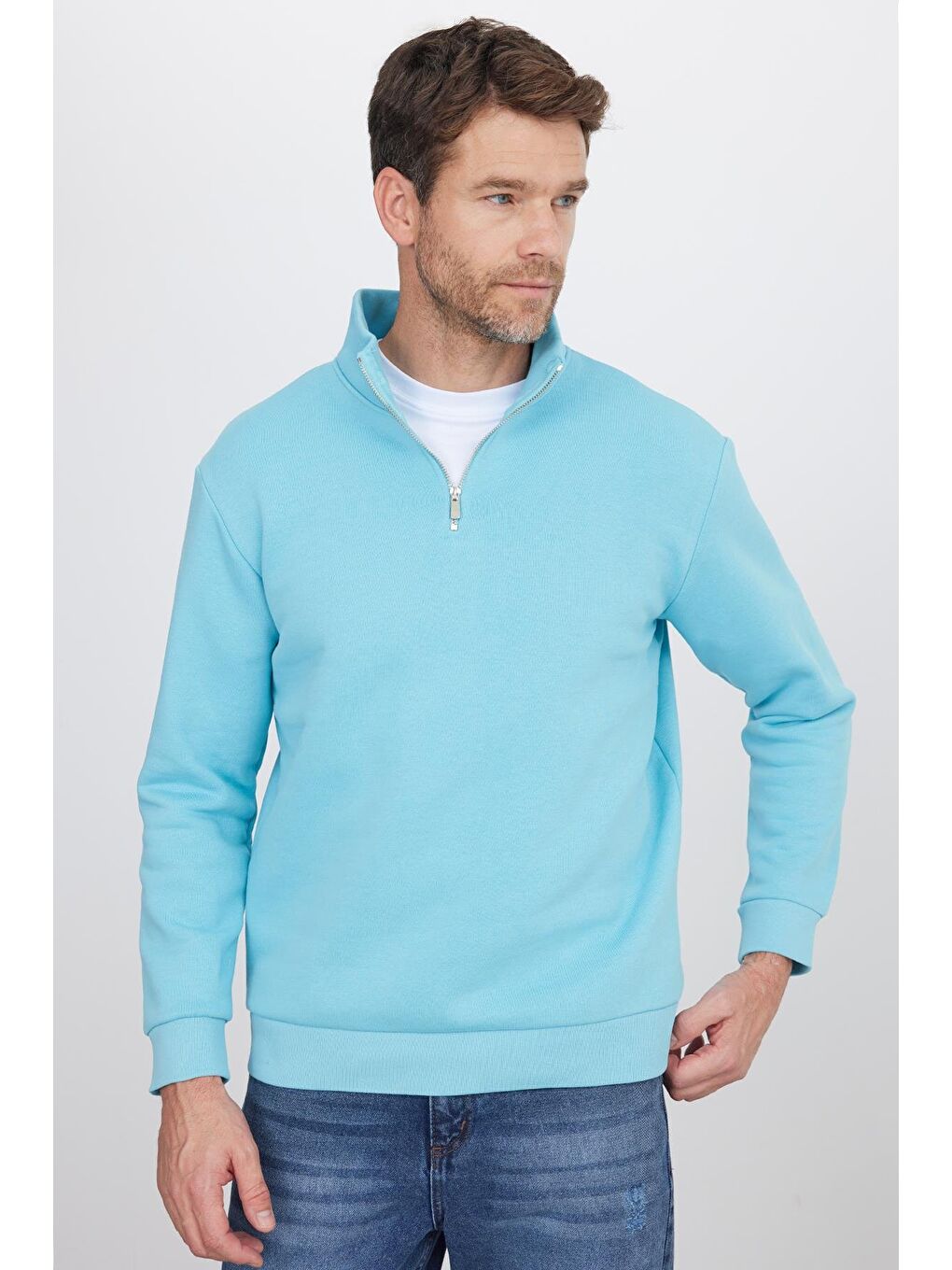 Ekru Unisex Relax Fit Rahat Kesim Pamuklu İçi Polarlı Yarım Fermuarlı Açık Mavi Dik Yaka Sweatshirt