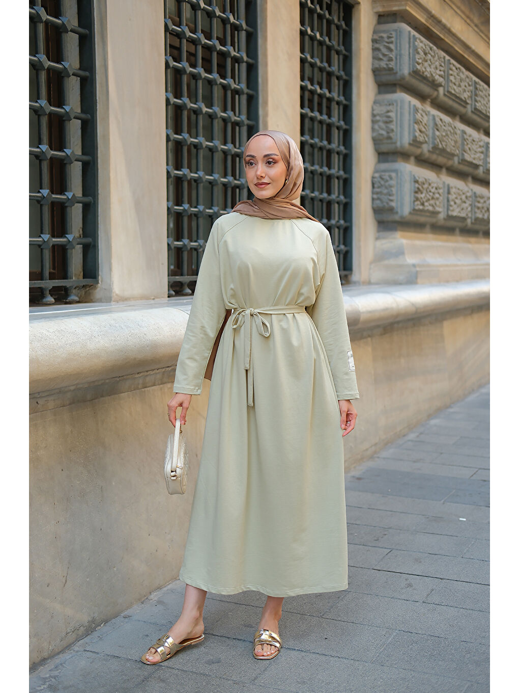 Kadın Kol Arma Detaylı Bisiklet Yaka Elbise Açık Yeşil-3