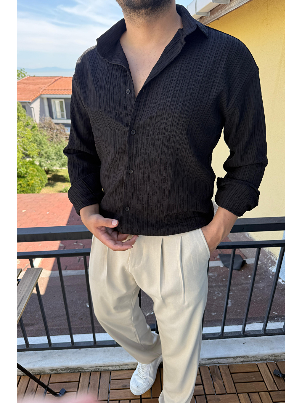 Tam Kalıp Bürümcük Kumaş Gömlek Zümrüt Siyah-2