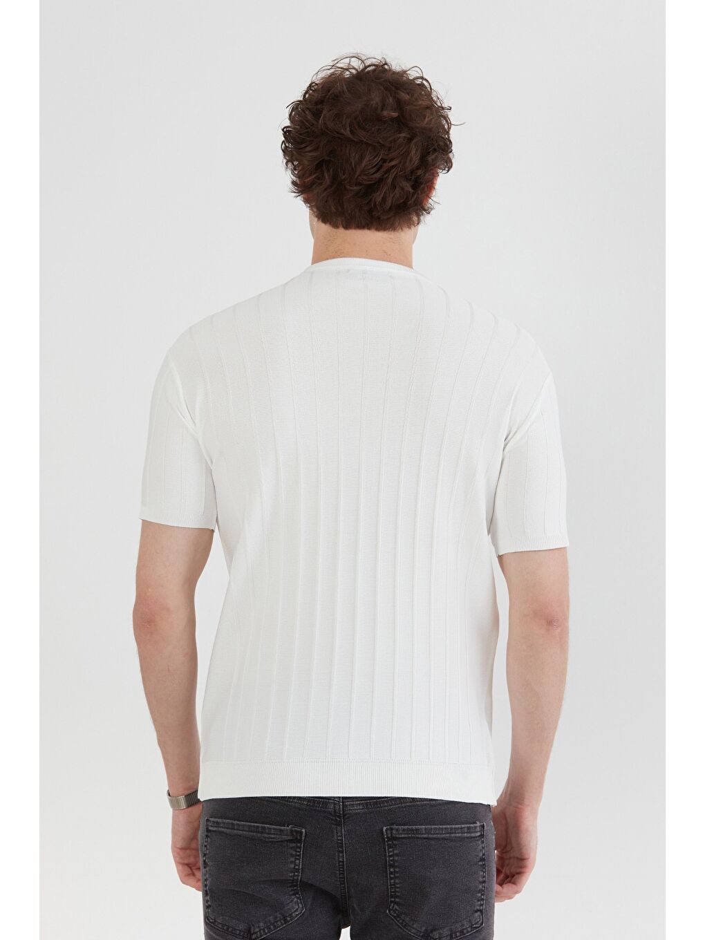 Beyaz Şeritli Bisiklet Yaka Triko Tişört-3