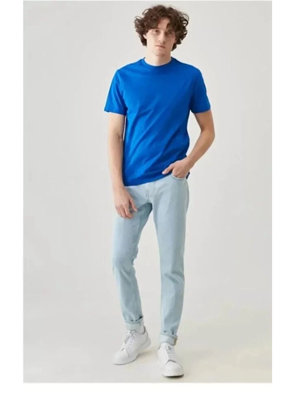 Unisex Düz Biskilet Yaka Oversize T-shirt - Mavi-3