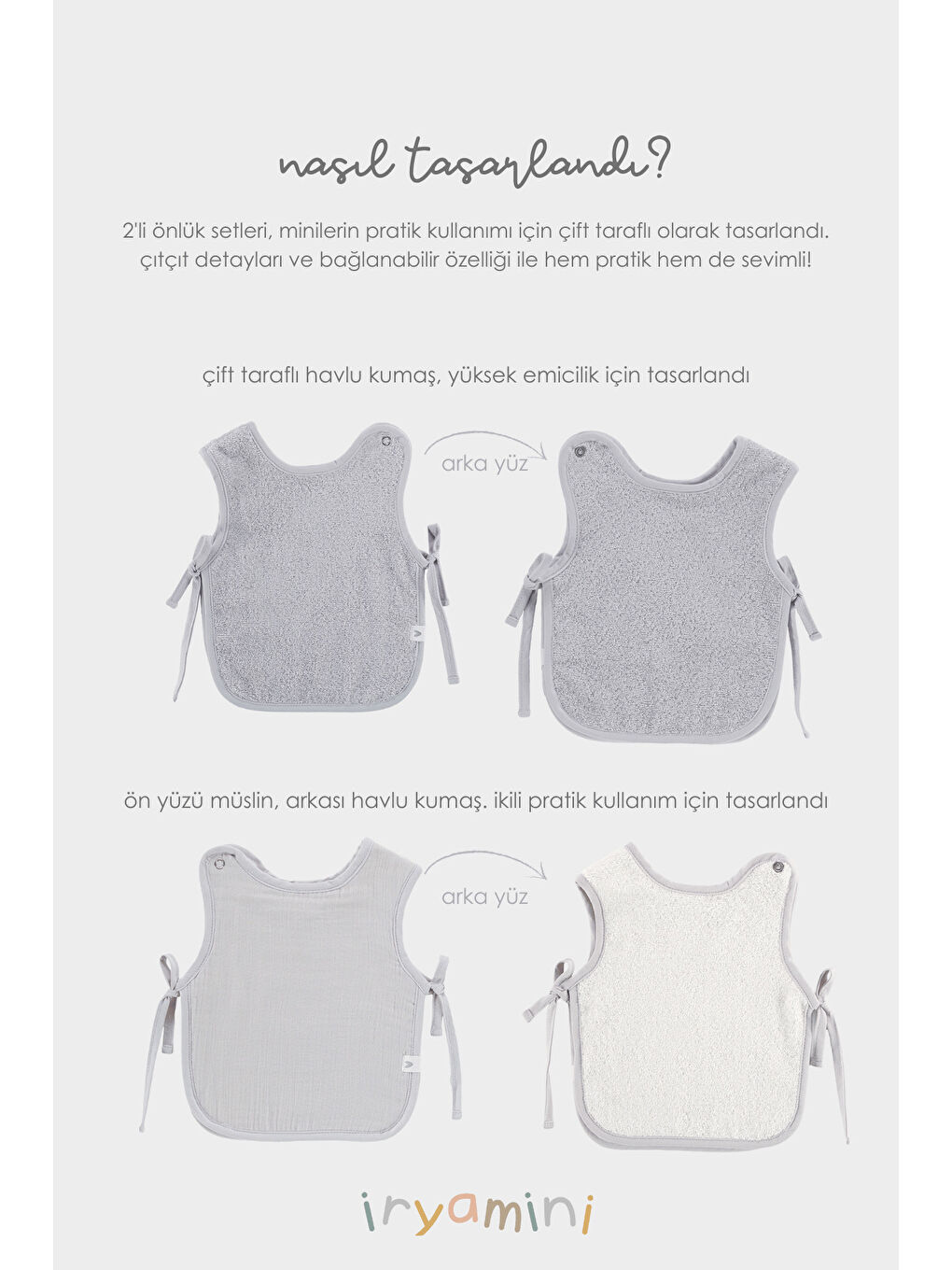 Colors of Joy 2'li Organik Pamuk Müslin Bebek Önlük Seti Gri-3