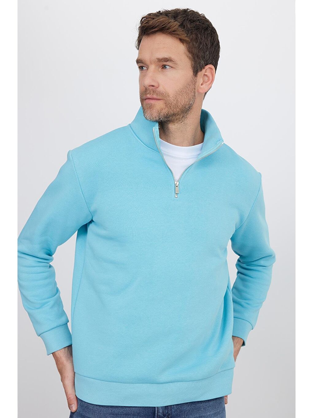 Ekru Unisex Relax Fit Rahat Kesim Pamuklu İçi Polarlı Yarım Fermuarlı Açık Mavi Dik Yaka Sweatshirt-1