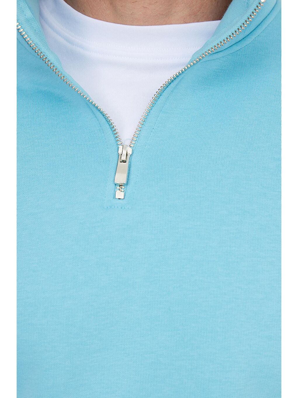 Ekru Unisex Relax Fit Rahat Kesim Pamuklu İçi Polarlı Yarım Fermuarlı Açık Mavi Dik Yaka Sweatshirt-2
