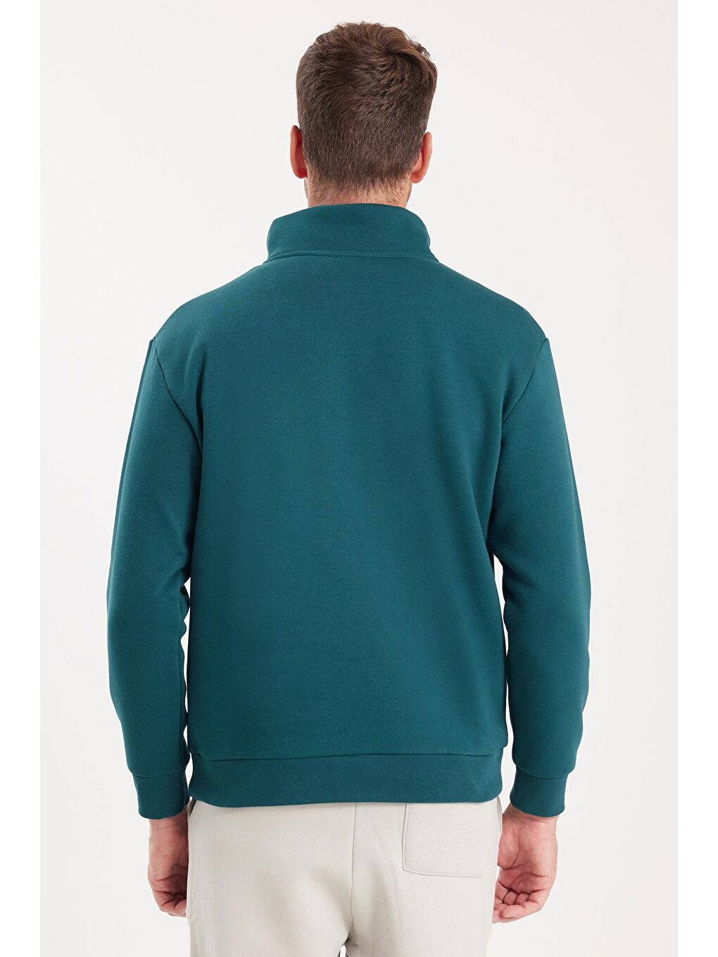 Unisex Relax Fit Rahat Kesim Pamuklu İçi Polarlı Yarım Fermuarlı Yeşil Dik Yaka Sweatshirt-6