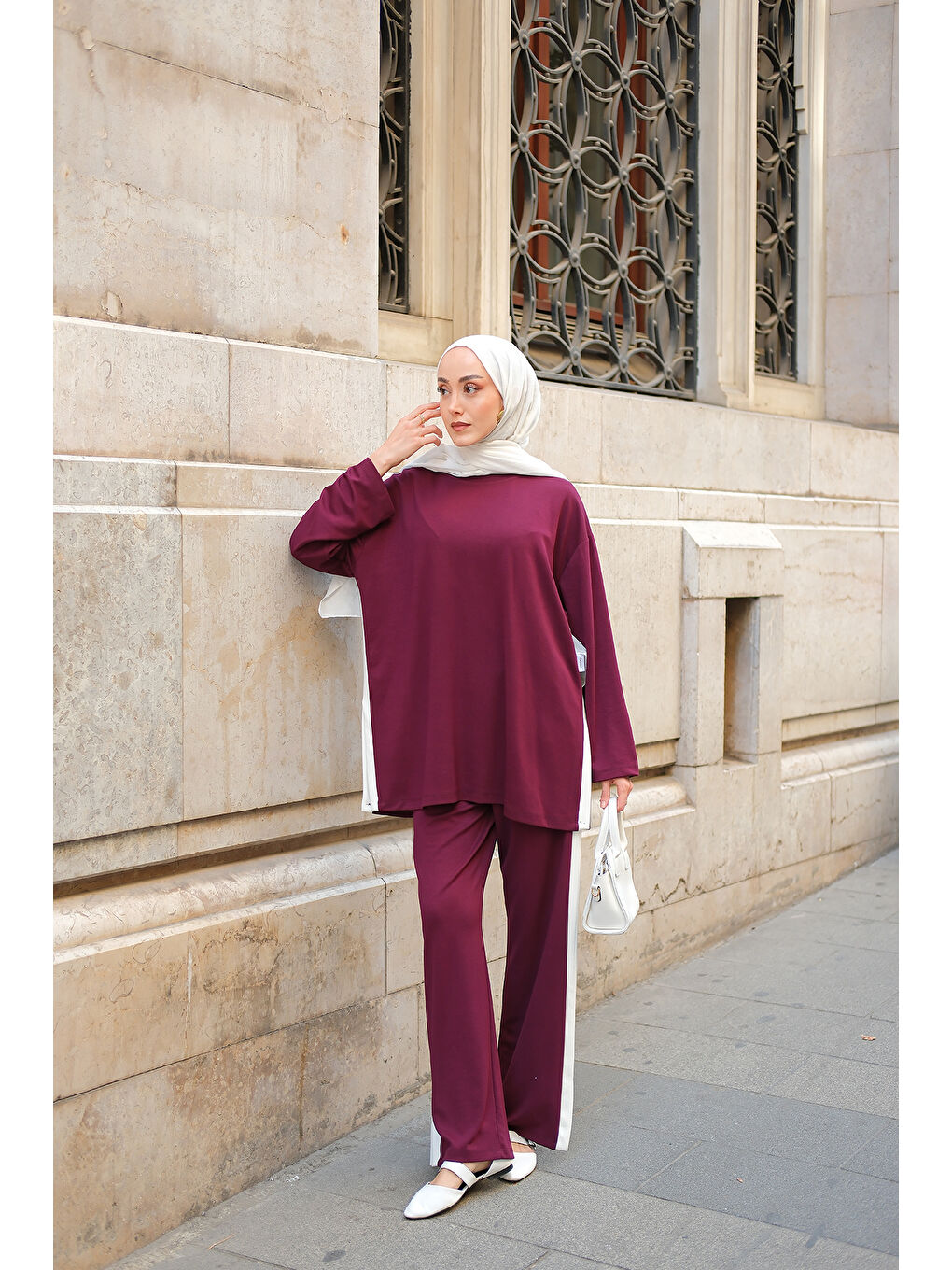Kadın Yırtmaçlı Garni Detay Takım Bordo-2