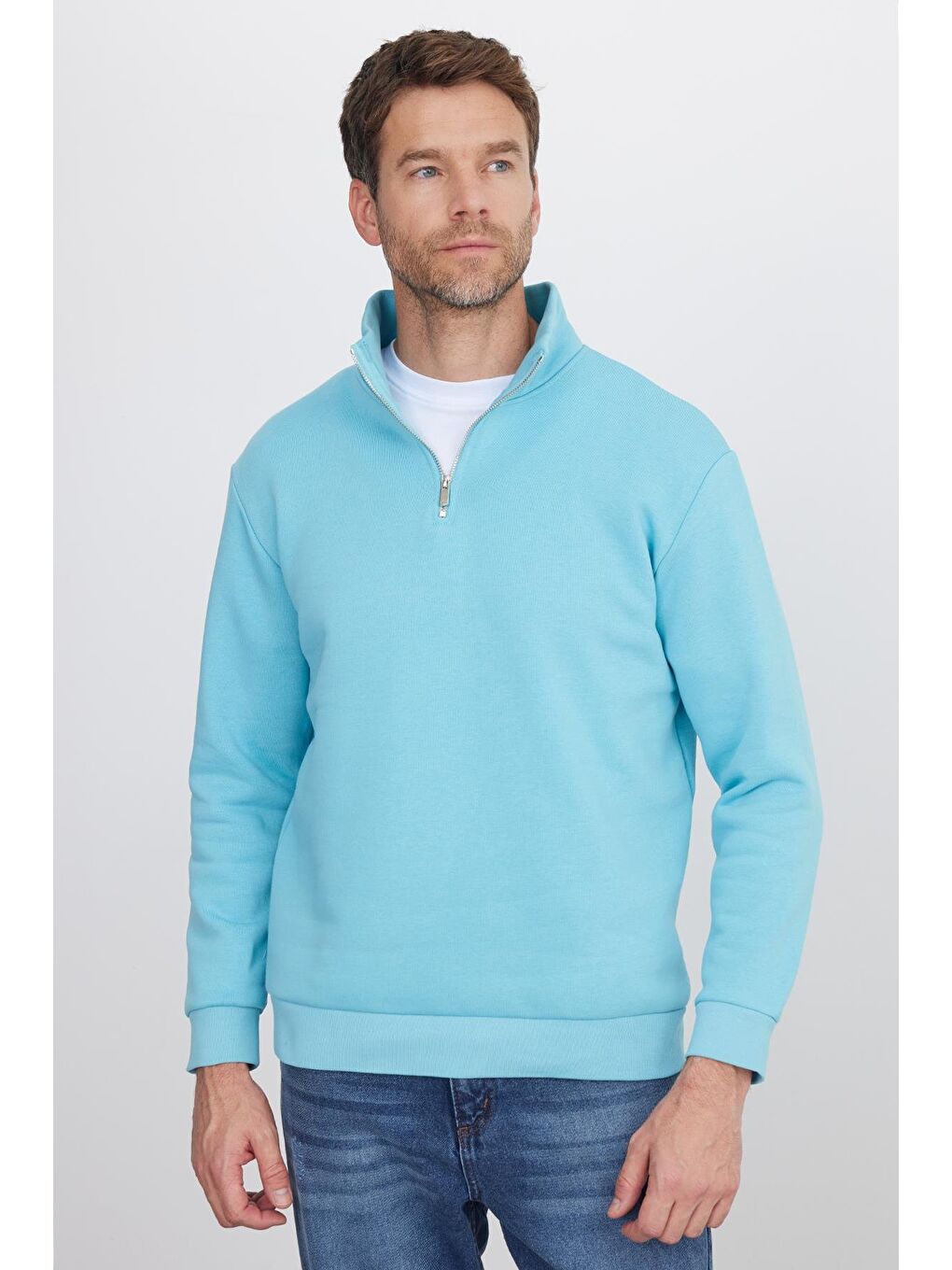 Ekru Unisex Relax Fit Rahat Kesim Pamuklu İçi Polarlı Yarım Fermuarlı Açık Mavi Dik Yaka Sweatshirt-3