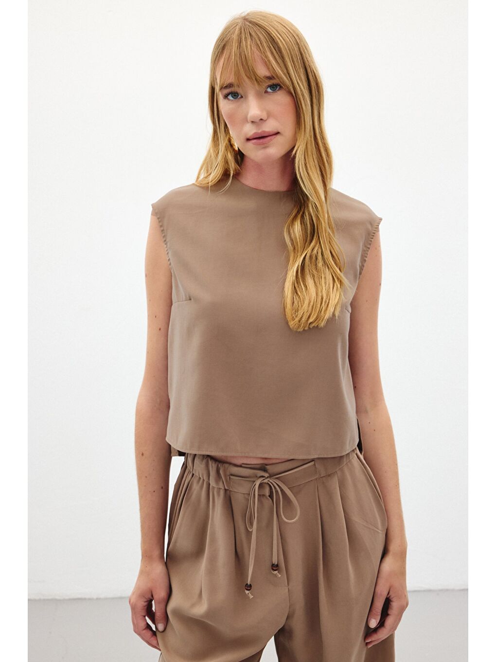 Bej Kolsuz Salaş Bluz - Vizon-4