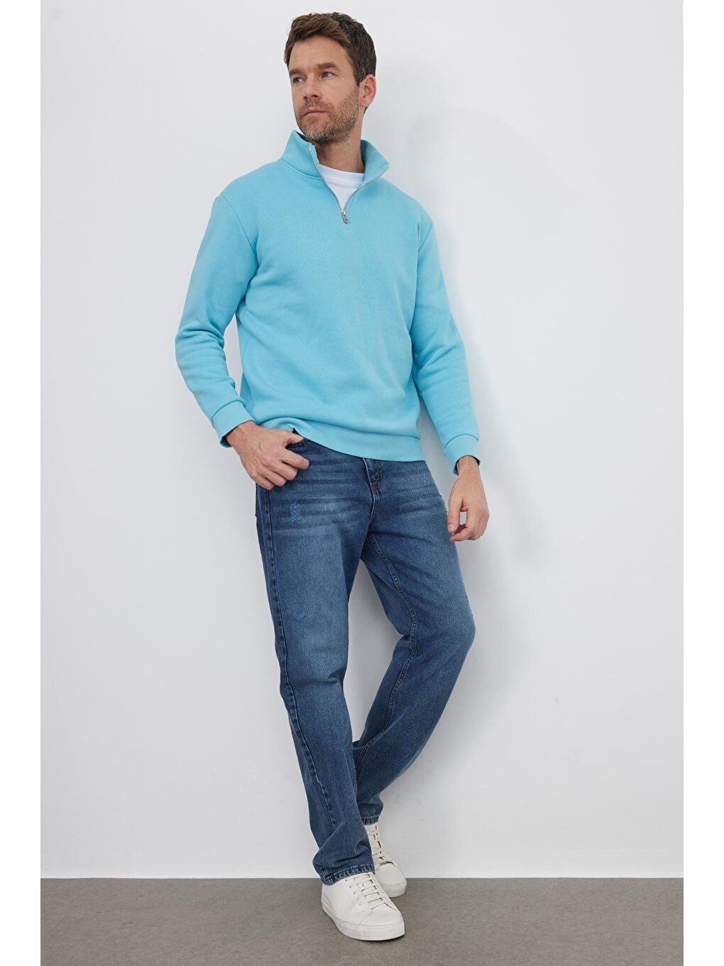 Ekru Unisex Relax Fit Rahat Kesim Pamuklu İçi Polarlı Yarım Fermuarlı Açık Mavi Dik Yaka Sweatshirt-4