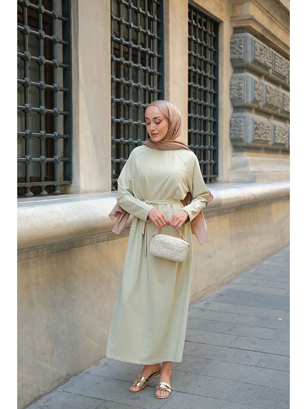 Kadın Kol Arma Detaylı Bisiklet Yaka Elbise Açık Yeşil-4