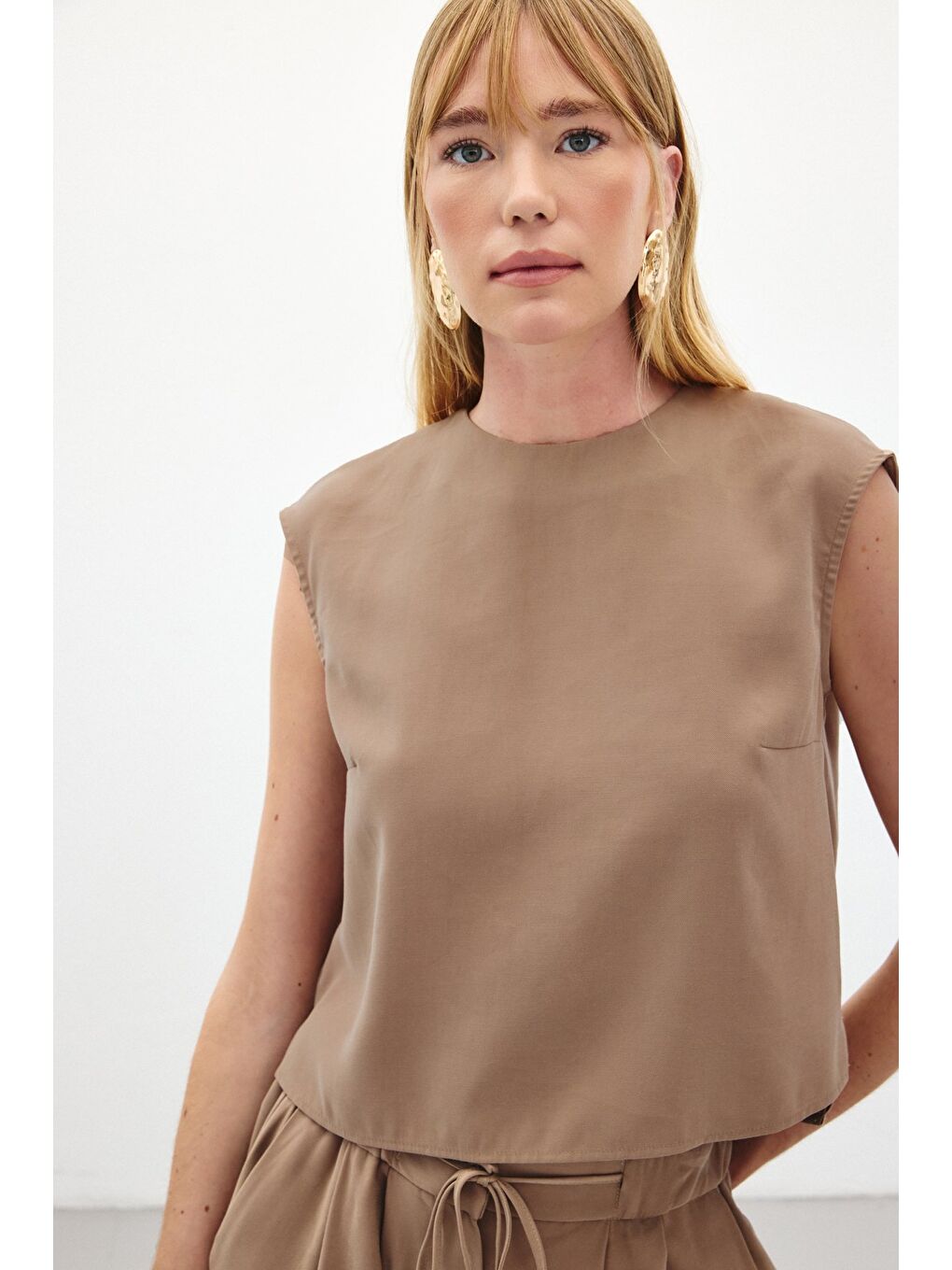 Bej Kolsuz Salaş Bluz - Vizon-5
