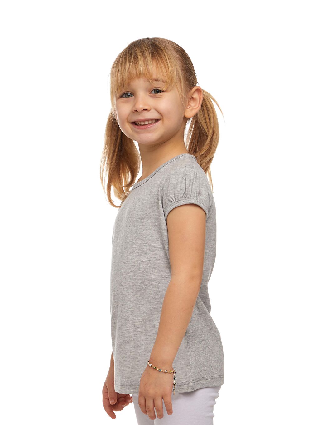Gri 2 Kız Çocuk Kısa Kollu Basıc Tişört-1