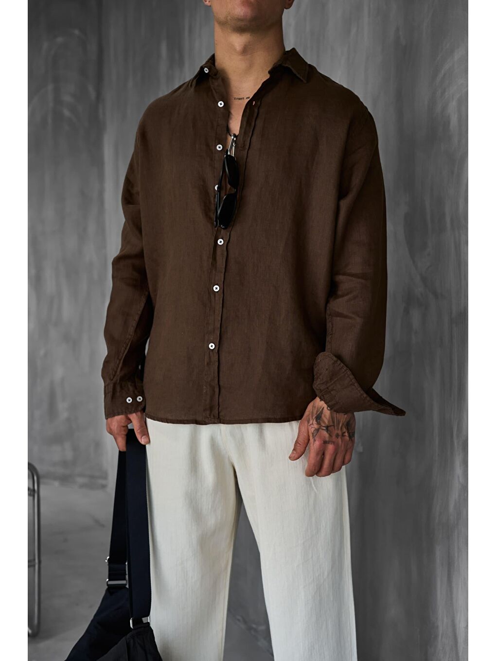 Erkek Uzun Kollu Regular Fit %100 Keten Gömlek Kahverengi-1