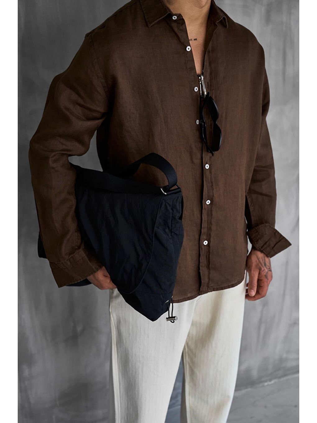Erkek Uzun Kollu Regular Fit %100 Keten Gömlek Kahverengi-2