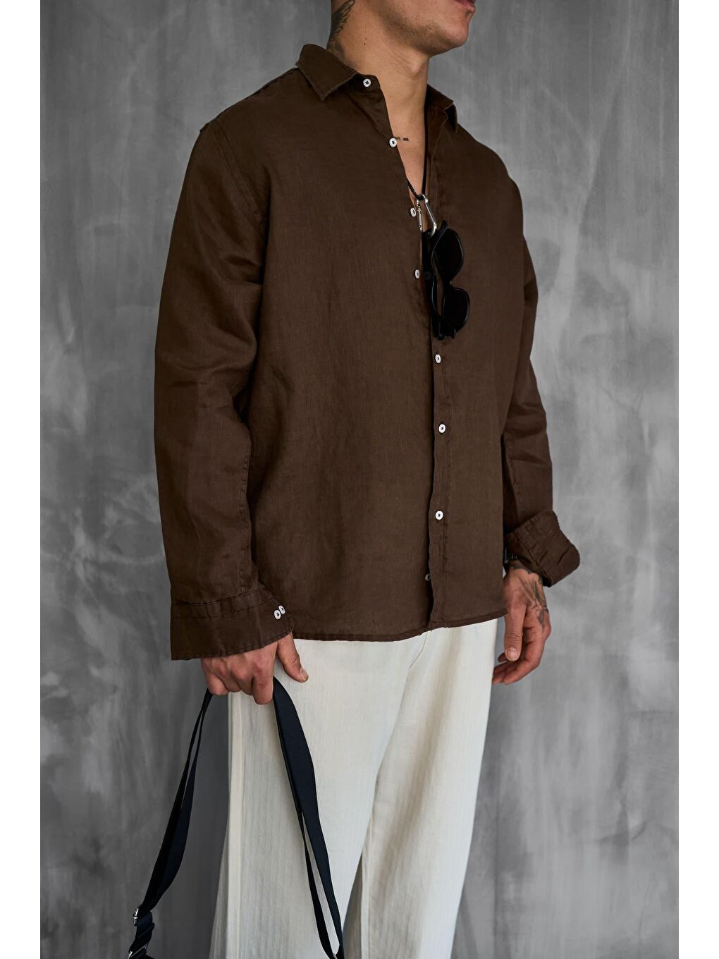 Erkek Uzun Kollu Regular Fit %100 Keten Gömlek Kahverengi-3