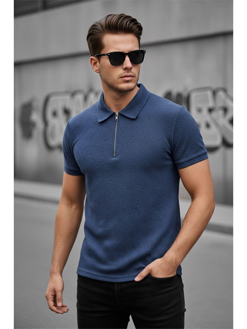 Mavi Robb Erkek Yarım Fermuarlı Dokulu Polo Yaka Kısa Kollu Slim Fit Tişört