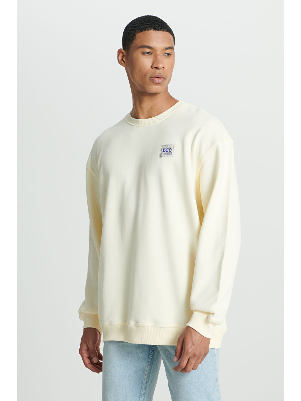 Relaxed Fit Rahat Kesim %100 Pamuk Bisiklet Yaka Şardonlu Ekru Sweatshirt-1