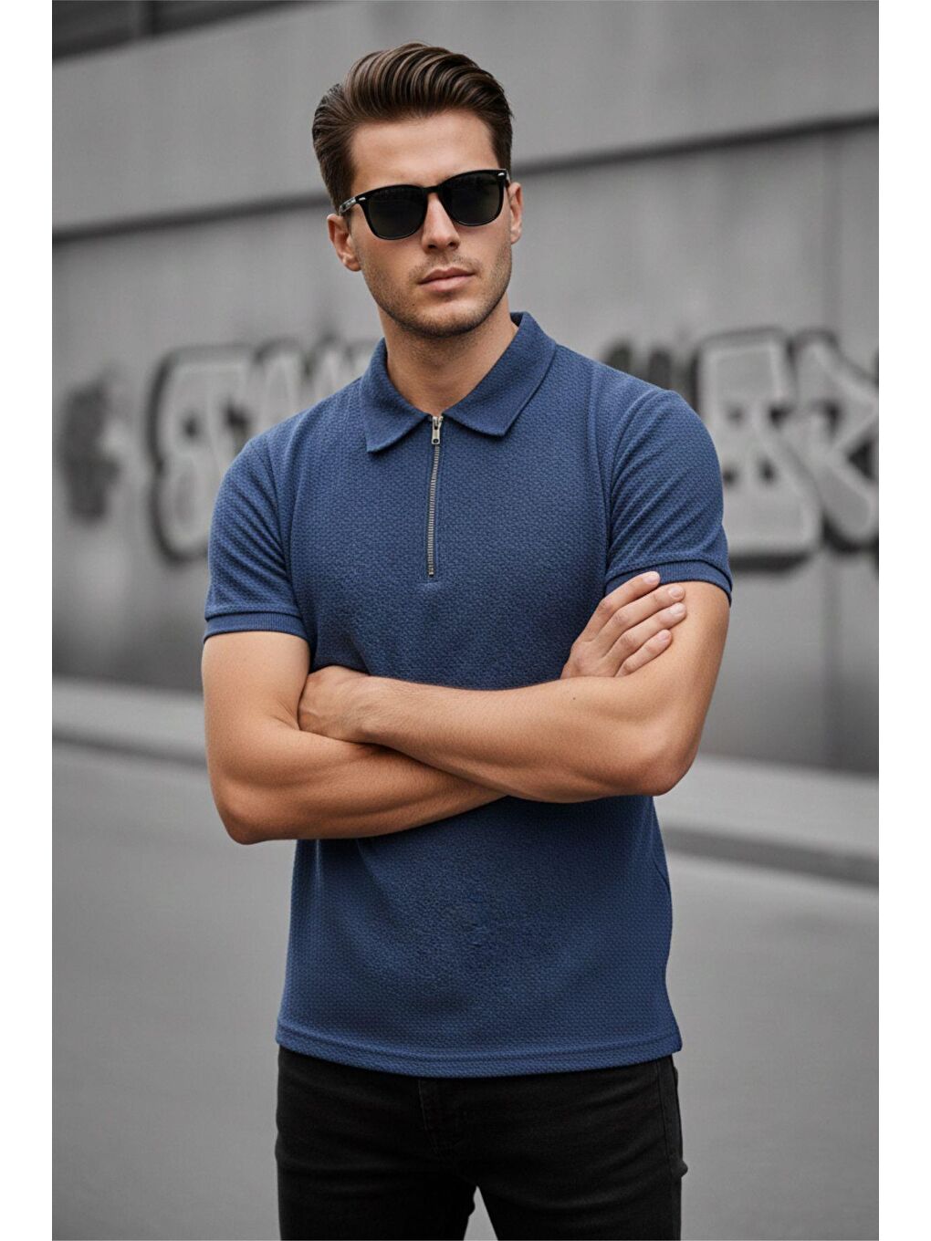 Mavi Robb Erkek Yarım Fermuarlı Dokulu Polo Yaka Kısa Kollu Slim Fit Tişört-2