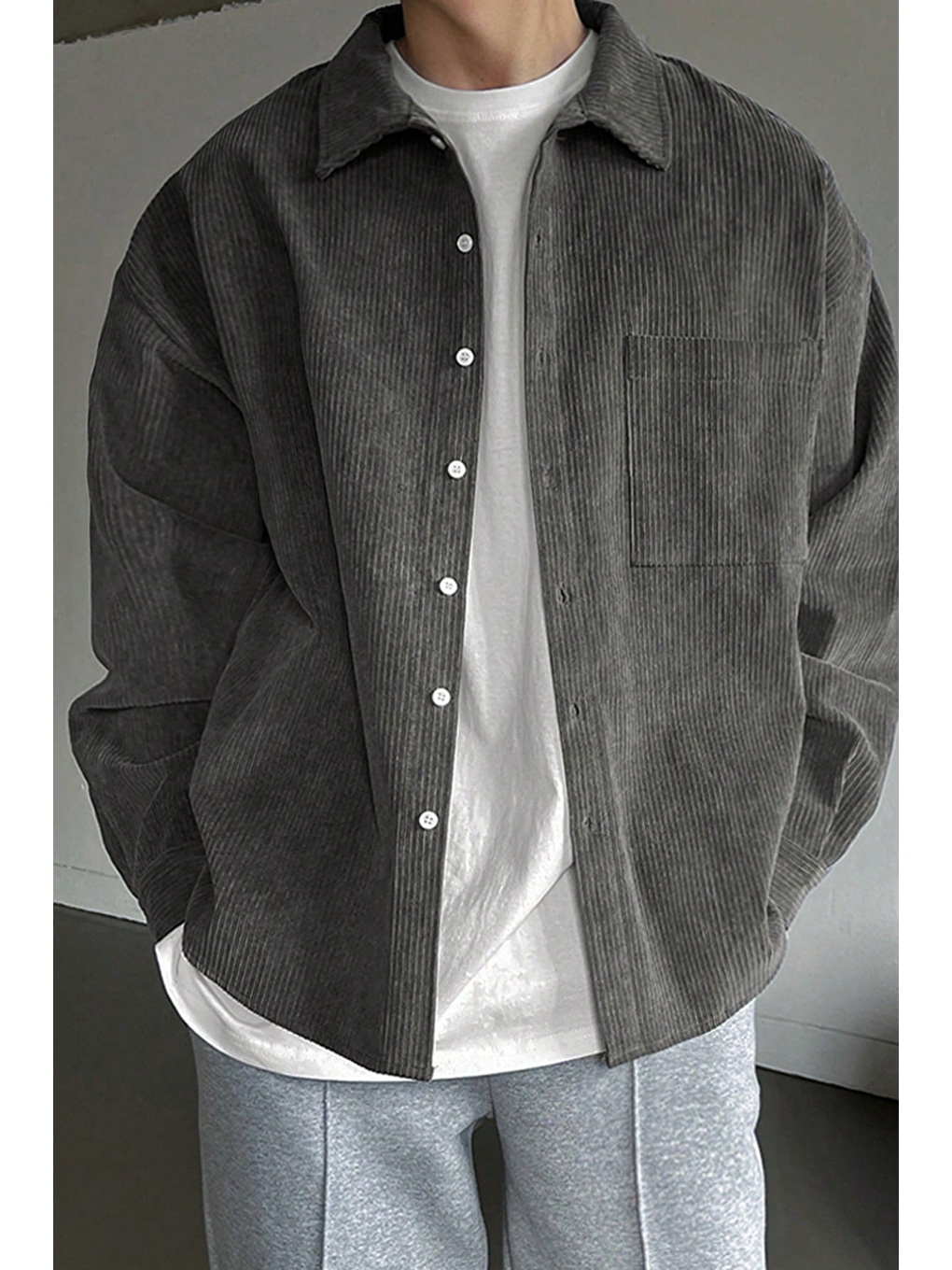 Gri Erkek Gömlek Fitilli Kadife Oversize Gömlek Yaka Cepli Uzun Kollu Ceket Gömlek