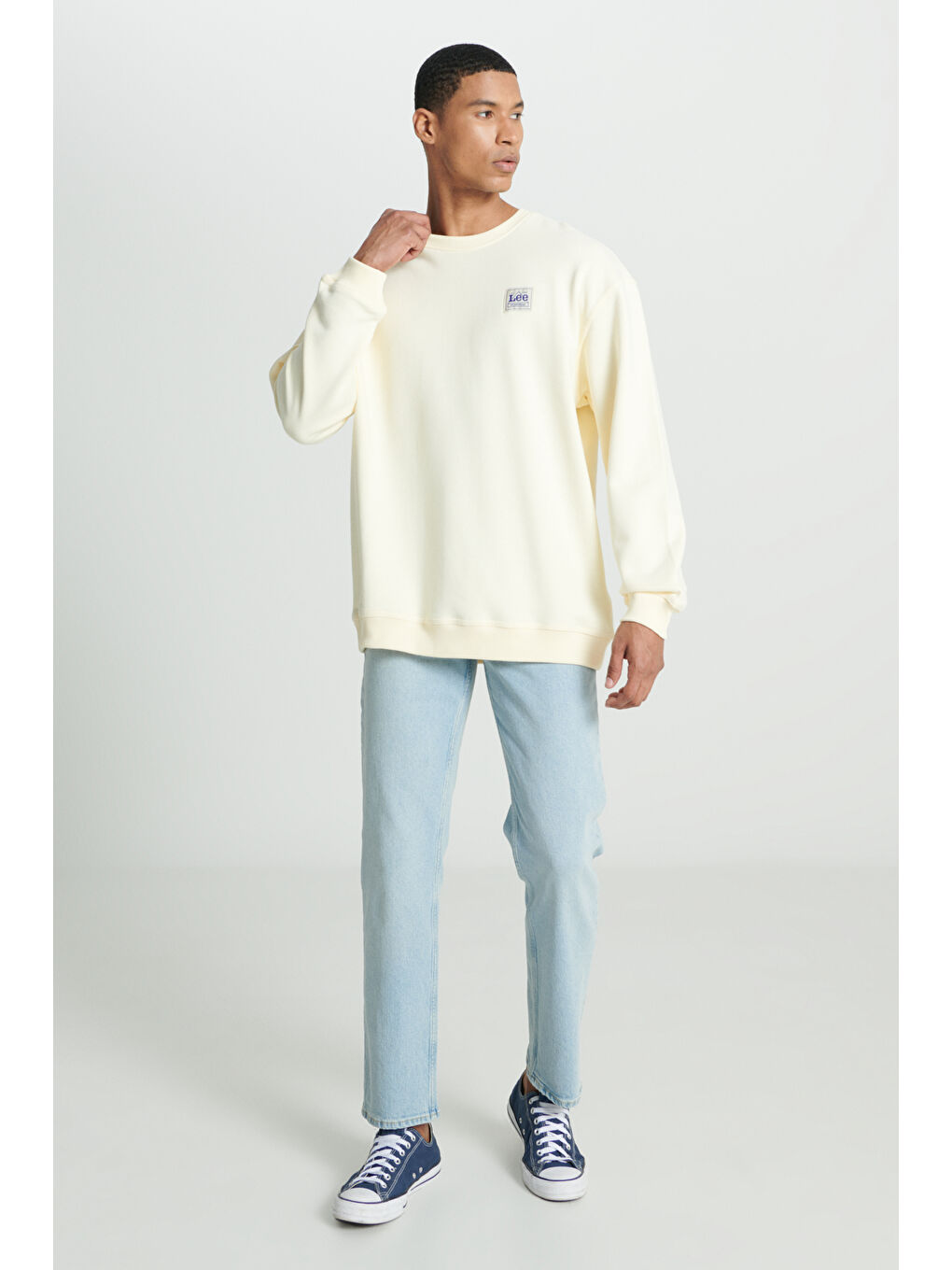 Relaxed Fit Rahat Kesim %100 Pamuk Bisiklet Yaka Şardonlu Ekru Sweatshirt-2