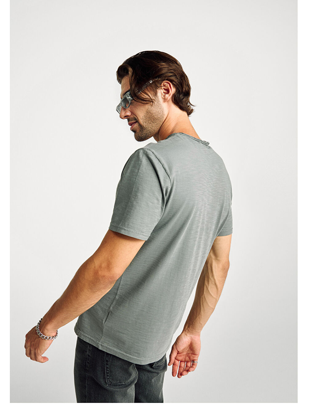 Erkek Antrasit Gri Bisiklet Yaka Slub T-shirt-2