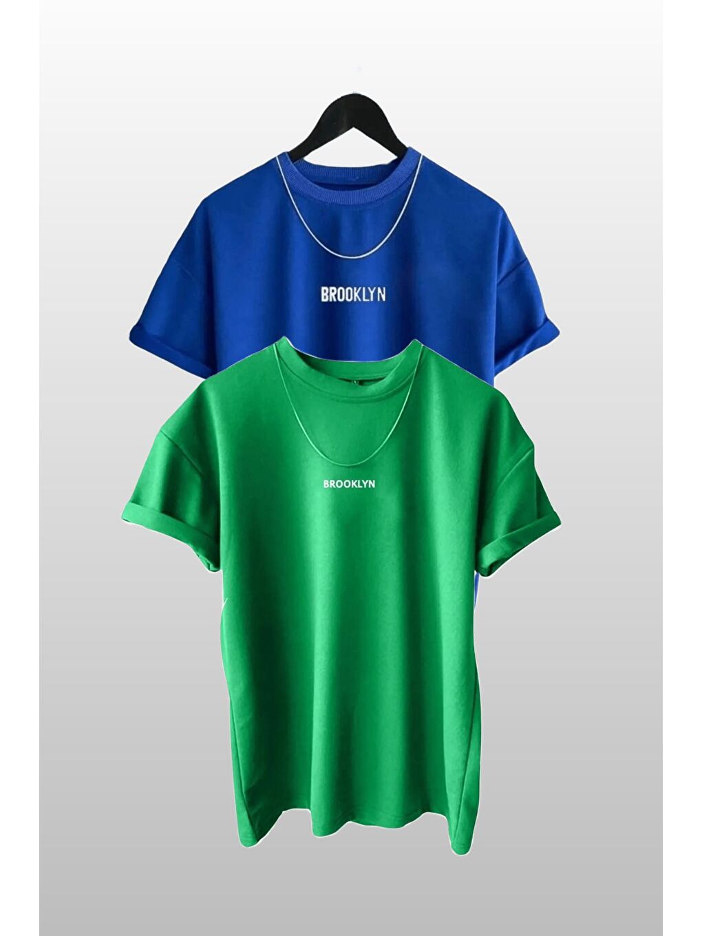Erkek Brooklyn Baskılı 2 li Paket Yeşil Mavi Kısa Kollu Tişört
